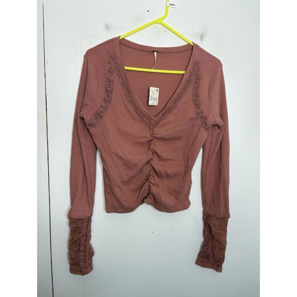 Free People Shirt Womens Medium Thermal Mesh Long Sleeve Ruched Ballet Rose - Picture 1 of 9